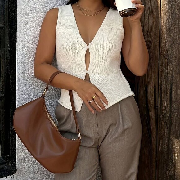 Apricot Casual Women's Solid Color V-Neck Knitted Vest - Picture 6 of 6